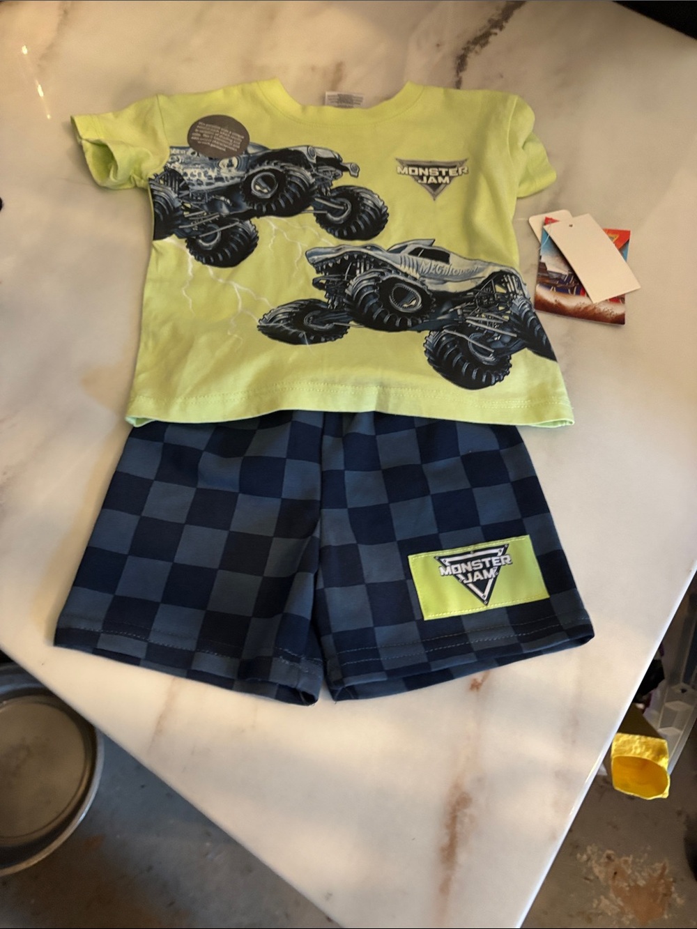 Monster Jam Neon Lime Tee & Navy Check Shorts Kids Matching Set